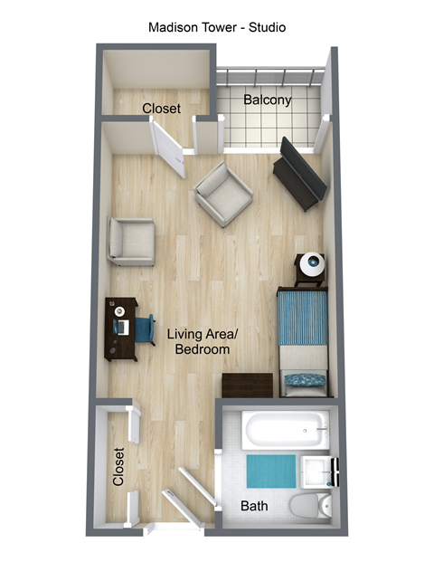 Floor plan for studio, 1 bath, 350 sqft
